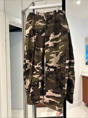 Nili Lotan Green & Brown Camo Pant Emerson style name barrel leg